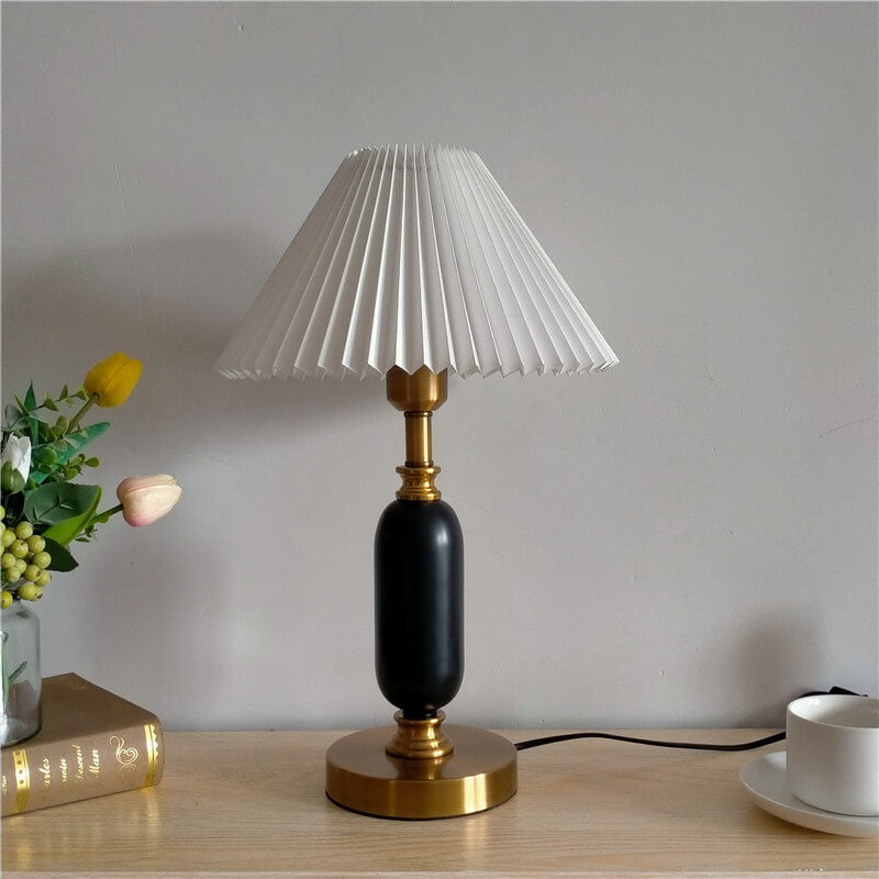 Retro Pleated Metal Table Lamp for Living Room and Bedroom in White Pleated + Black Base — Harbor Light Co.