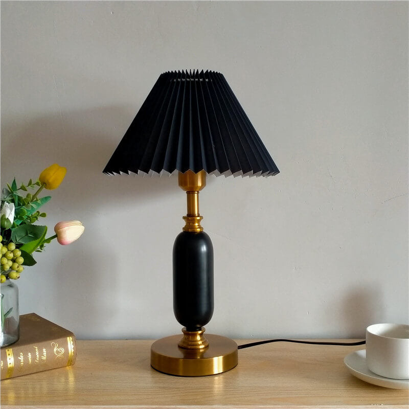 Retro Pleated Metal Table Lamp for Living Room and Bedroom in Black Pleated + Black Base — Harbor Light Co.