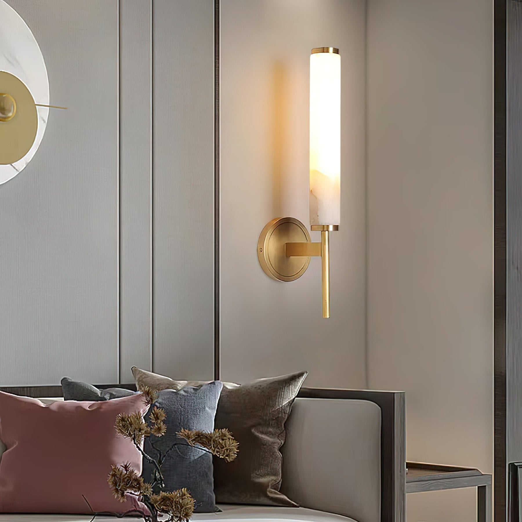 Modern Faux Alabaster Wall Light With Warm Glowing Shade — Harbor Light Co.