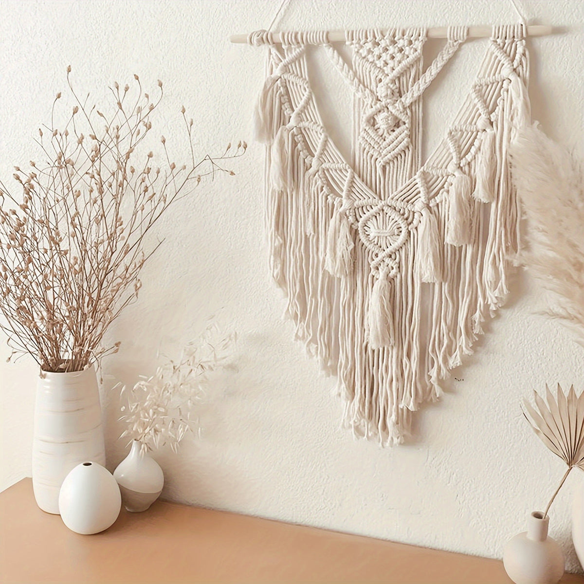 Boho Macrame Wall Hanging Handwoven Geometric Tapestry with Fringe and Tassels Wall Decor for Bedroom and Living Room