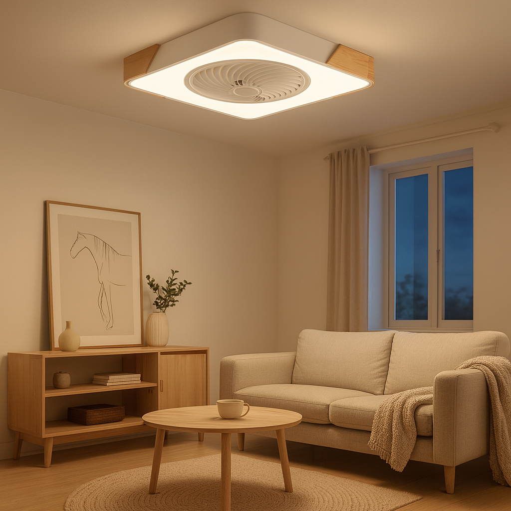 Modern Flush Mount Ceiling Fan Light with Wood Trim and Remote Control