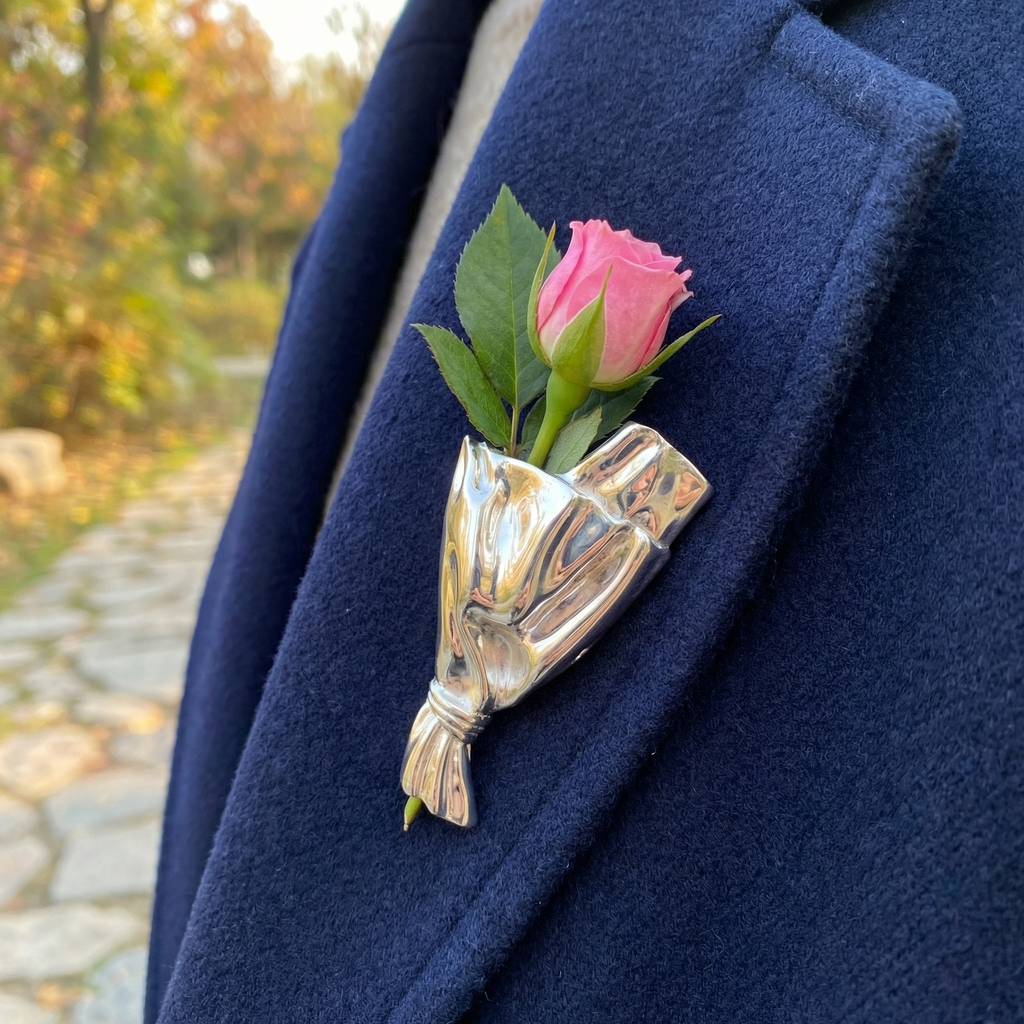 Wearable Mini Flower Vase Brooch with Polished Bouquet Design