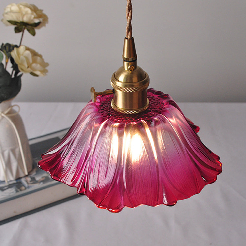 Retro Glass Flower Pendant Light with Brass Finish