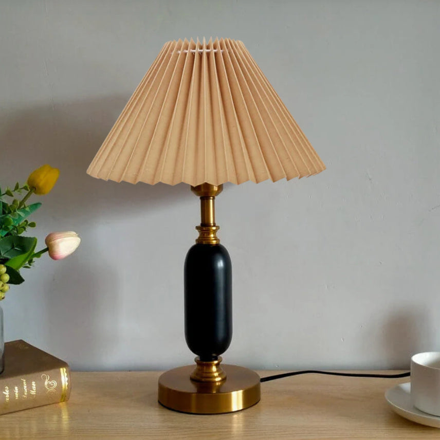 Retro Pleated Metal Table Lamp for Living Room and Bedroom in Khaki Pleated + Black Base — Harbor Light Co.