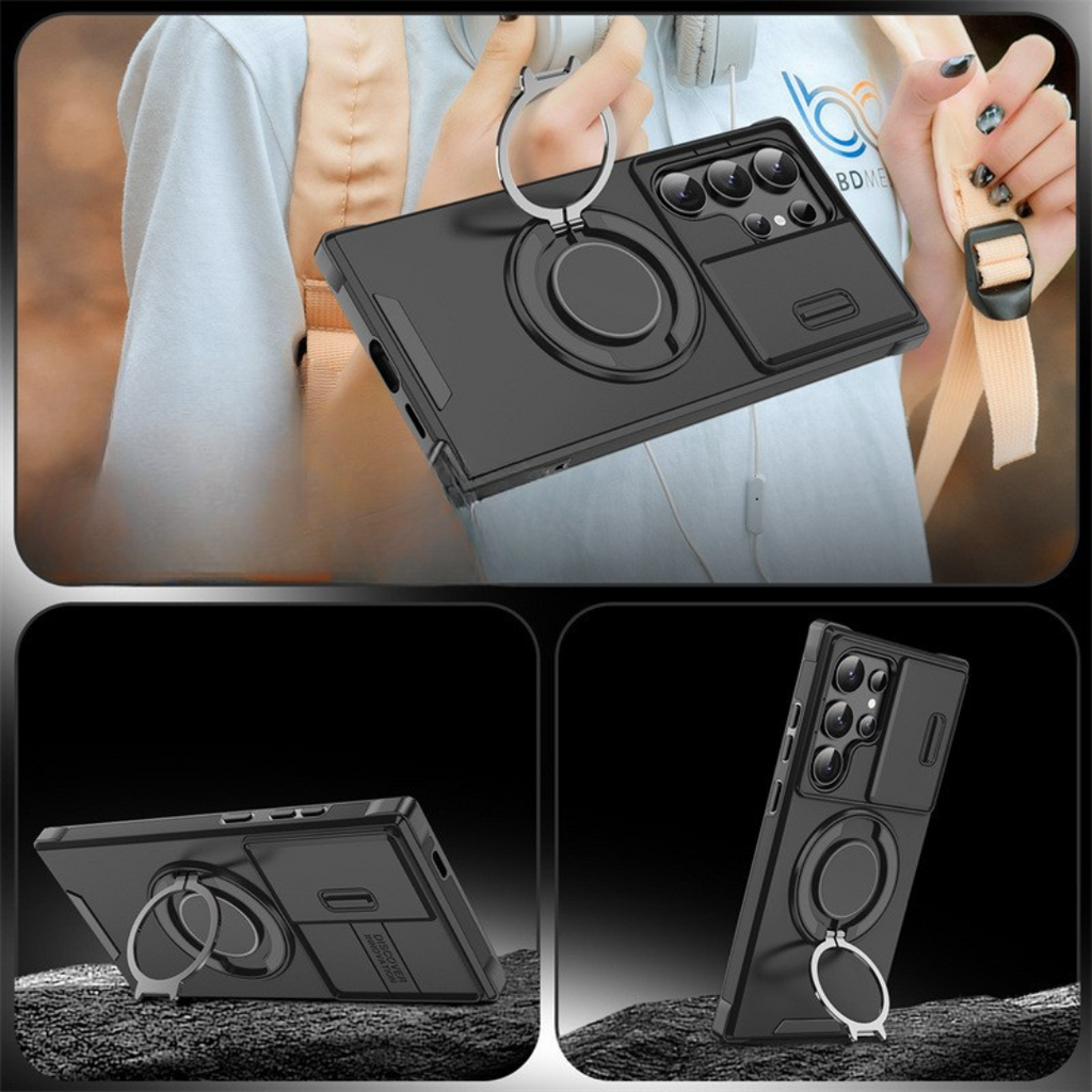 Samsung Galaxy S Series Case with Magnetic Ring Stand and Sliding Camera Cover Shockproof MagSafe Compatible Protective Phone Case