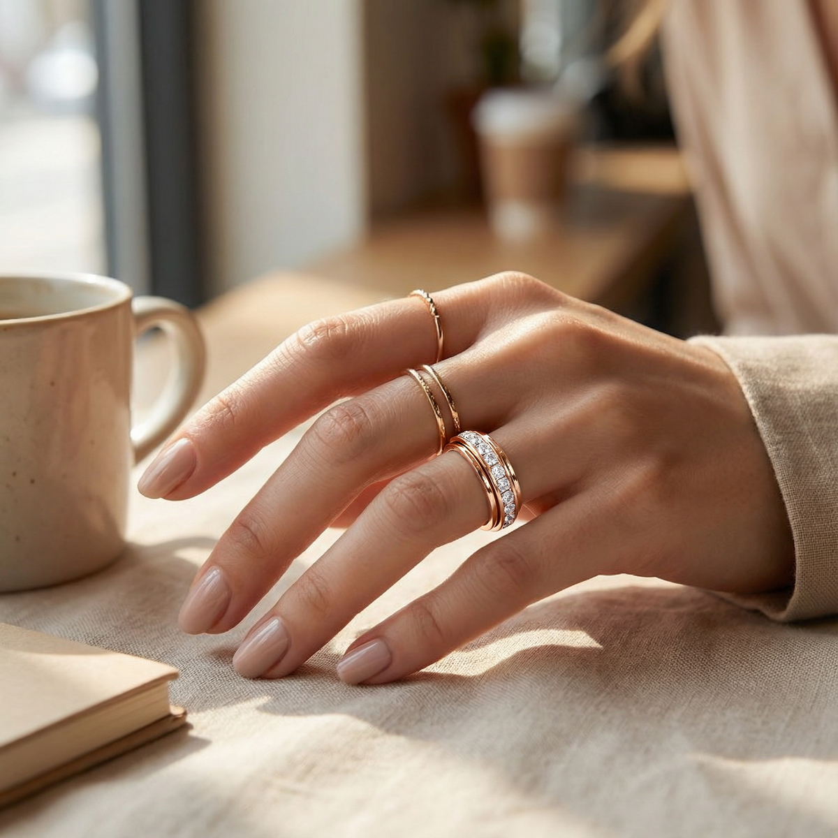 Zirconia Spinner Ring in Polished Titanium Steel with Rotating Band