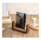 U Shaped Acrylic Photo Frame Solid Wood Base Clear Picture Frame Minimalist Tabletop Display Horizontal or Vertical for Desk Shelf and Bedside