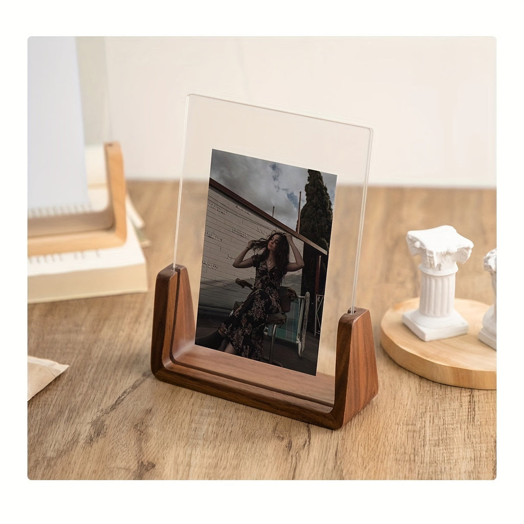 U Shaped Acrylic Photo Frame Solid Wood Base Clear Picture Frame Minimalist Tabletop Display Horizontal or Vertical for Desk Shelf and Bedside