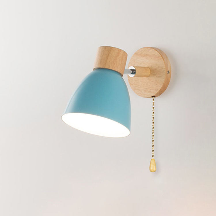 Modern Wooden Cone Shade Wall Sconce with Pull Chain