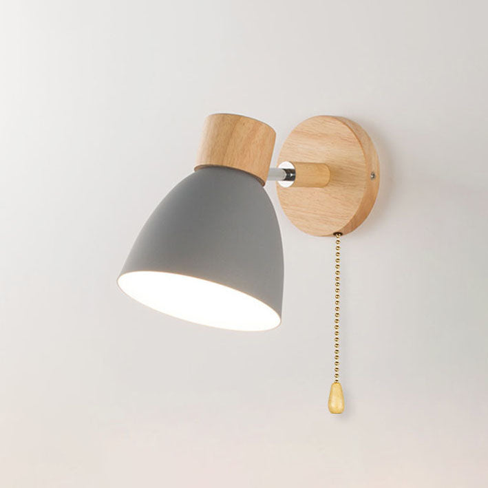 Modern Wooden Cone Shade Wall Sconce with Pull Chain