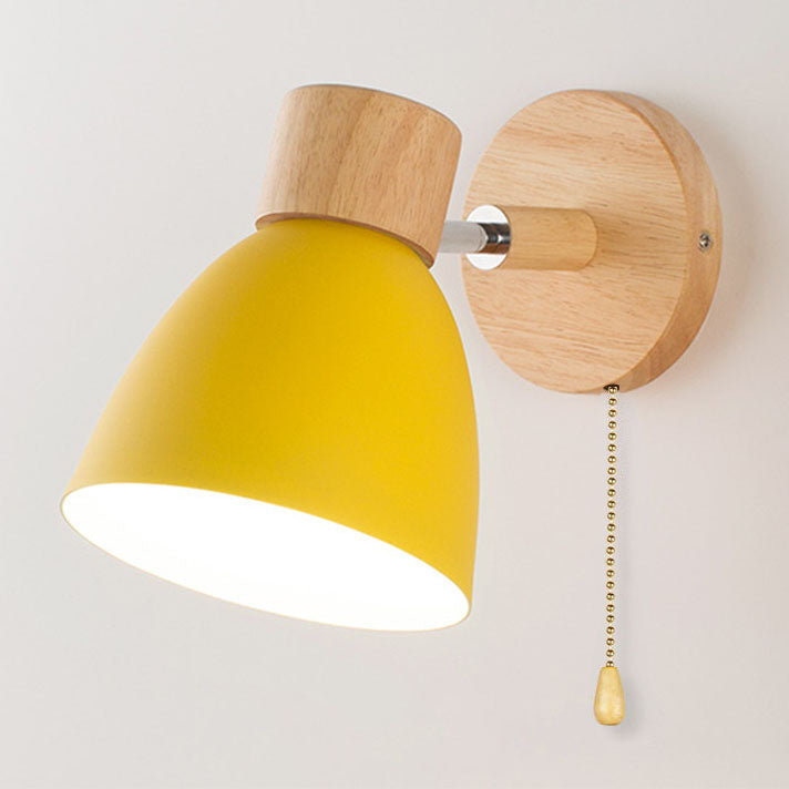 Modern Wooden Cone Shade Wall Sconce with Pull Chain