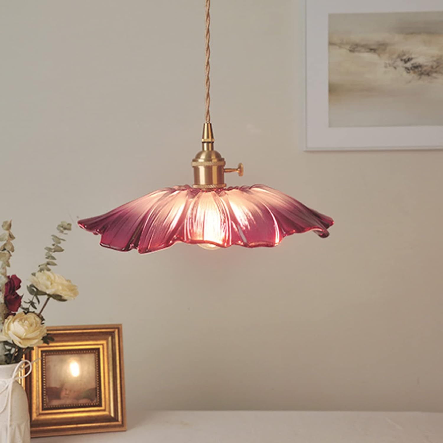 Retro Glass Flower Pendant Light with Brass Finish