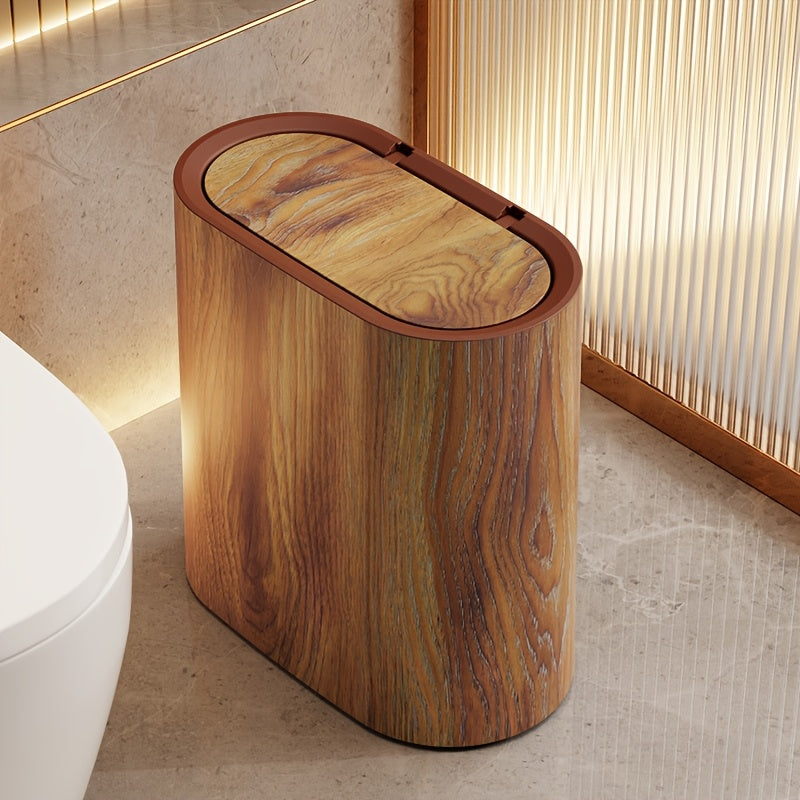 Marble Pattern Trash Can Slim Oval Bathroom Garbage Can with Lid Plastic Waste Bin for Kitchen Bedroom and Office Narrow Spaces