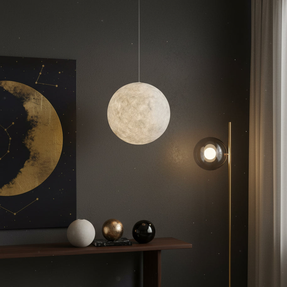 White Moon Pendant Light with FRP Fiber Shade and E26/E27 Socket