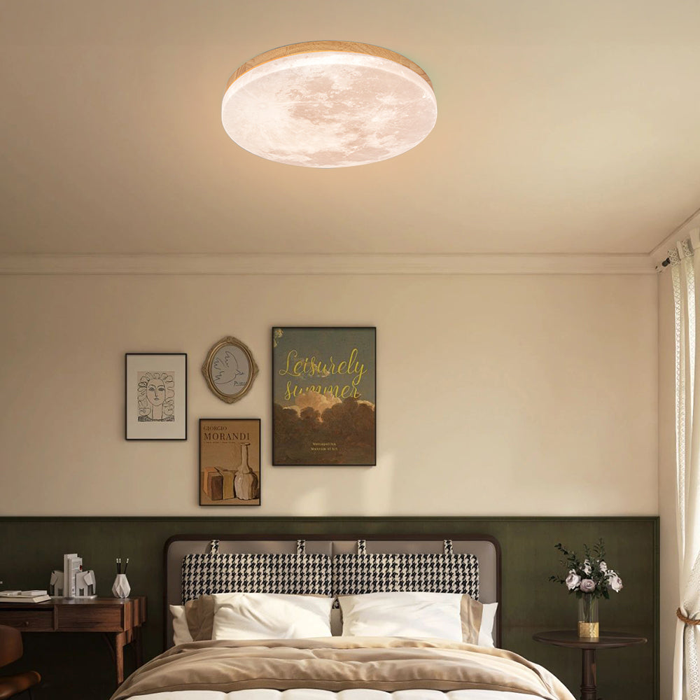 Moon Texture Flush Mount Ceiling Light with Wood Trim