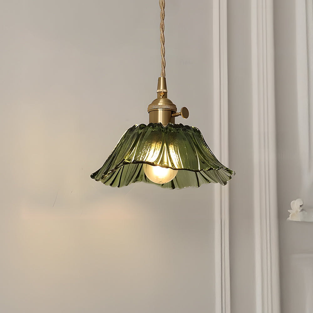 Retro Glass Flower Pendant Light with Brass Finish