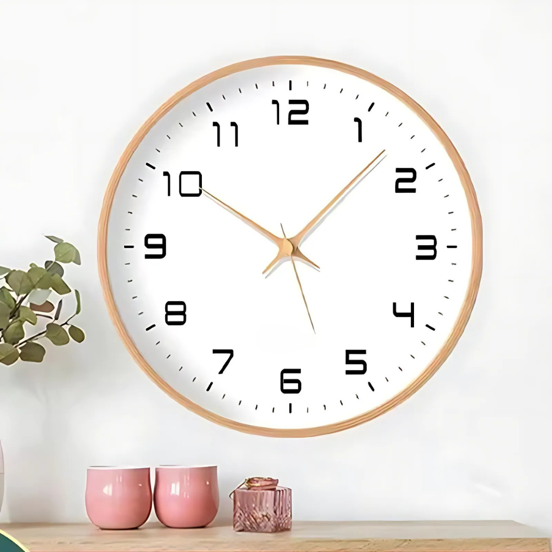 Wooden Wall Clock Silent Quartz Movement Minimalist Round Wood Frame Clock with Clear Numerals for Living Room