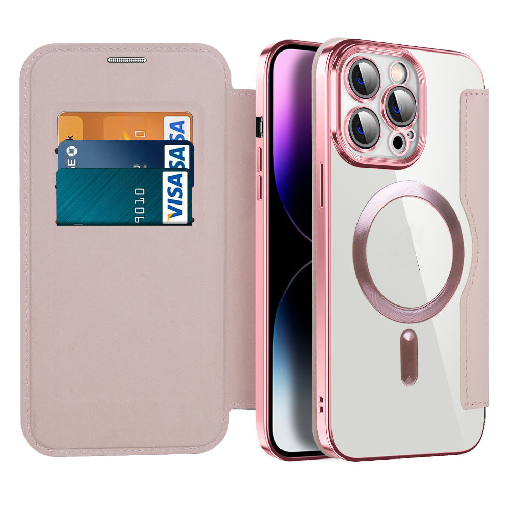 Magnetic Flip Wallet Case for iPhone Faux Leather Phone Case with Card Holder RFID Blocking Clear Shockproof Back and Stand Function