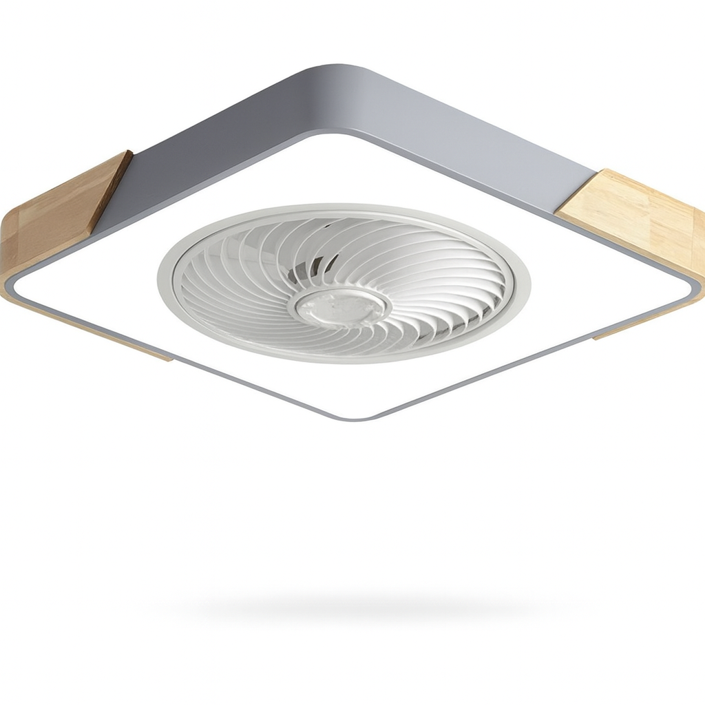 Modern Flush Mount Ceiling Fan Light with Wood Trim and Remote Control