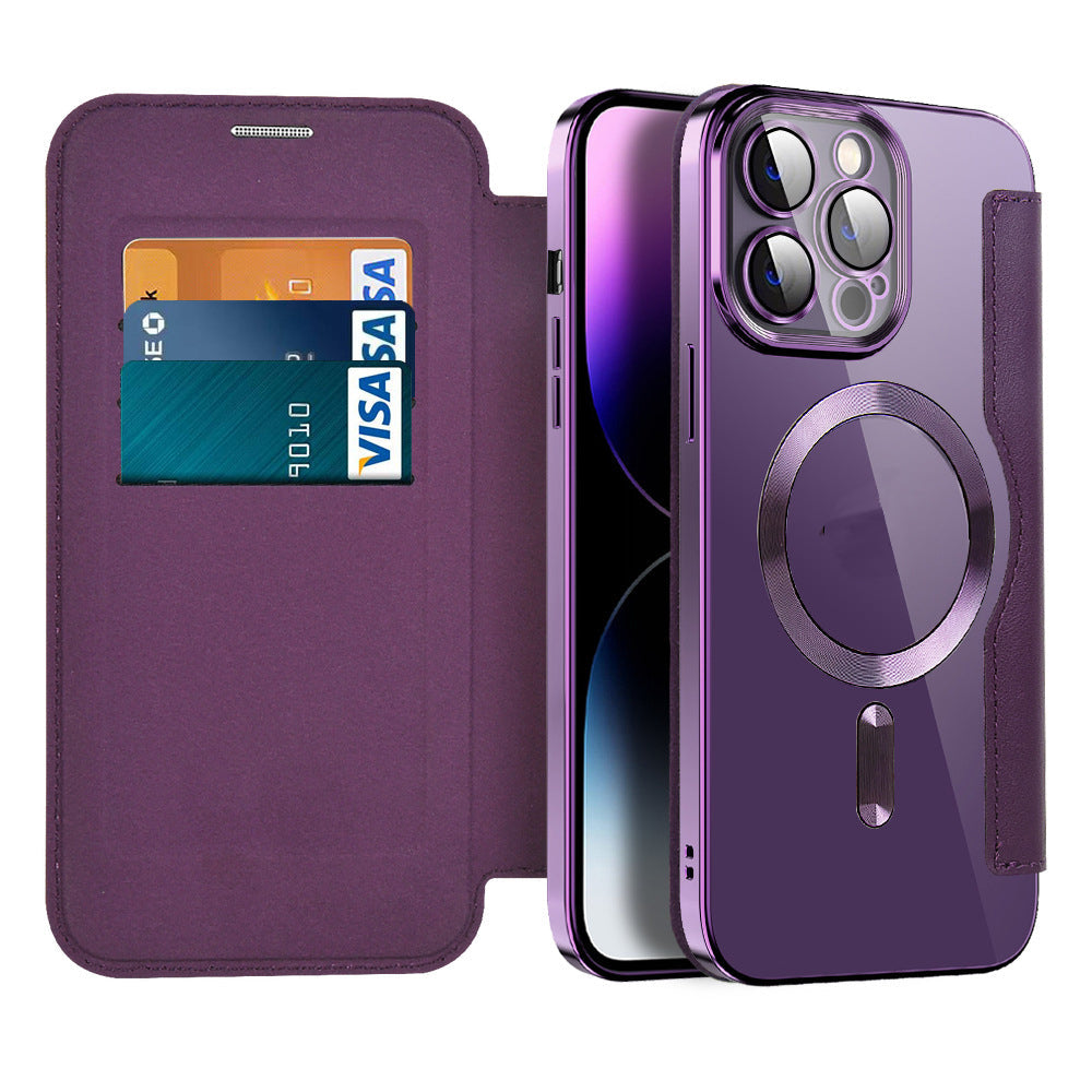 Magnetic Flip Wallet Case for iPhone Faux Leather Phone Case with Card Holder RFID Blocking Clear Shockproof Back and Stand Function