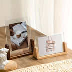 U Shaped Acrylic Photo Frame Solid Wood Base Clear Picture Frame Minimalist Tabletop Display Horizontal or Vertical for Desk Shelf and Bedside