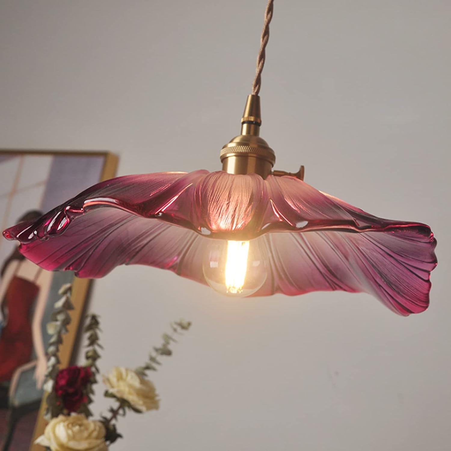 Retro Glass Flower Pendant Light with Brass Finish