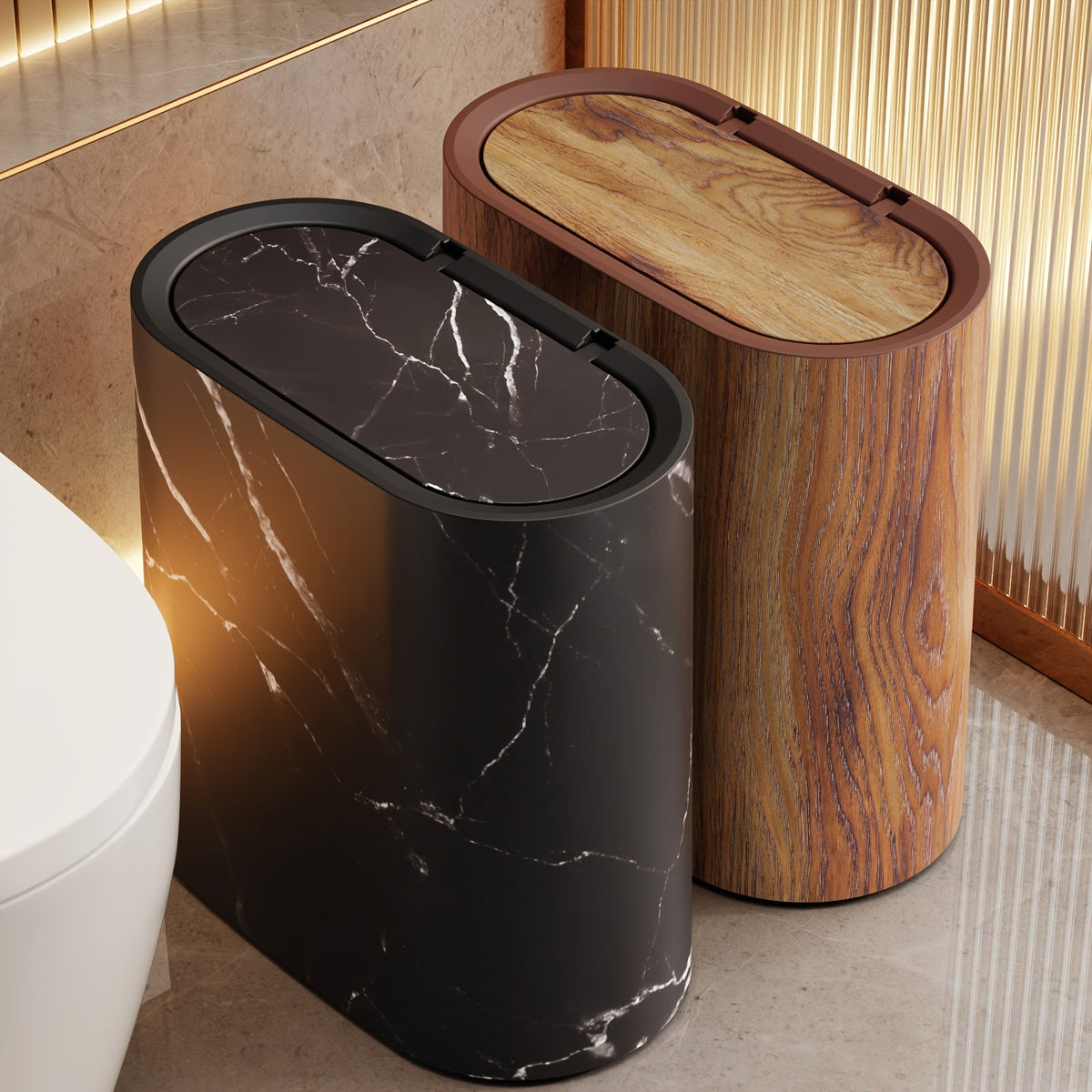 Marble Pattern Trash Can Slim Oval Bathroom Garbage Can with Lid Plastic Waste Bin for Kitchen Bedroom and Office Narrow Spaces