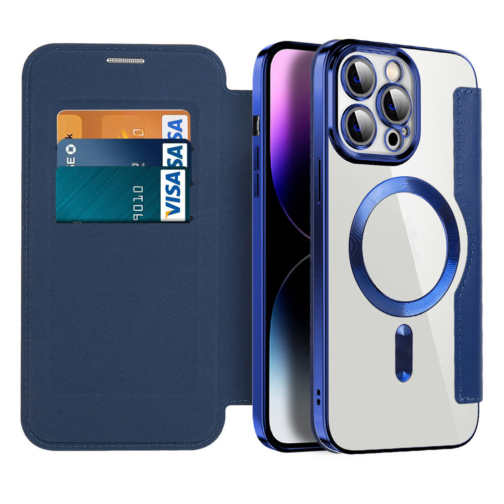 Magnetic Flip Wallet Case for iPhone Faux Leather Phone Case with Card Holder RFID Blocking Clear Shockproof Back and Stand Function