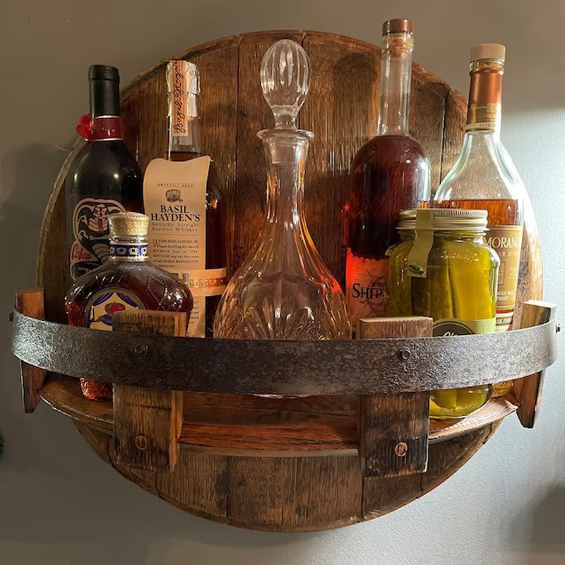 Whiskey Barrel Wall Shelf Rustic Solid Wood Round Bourbon Barrel Head Wall Mounted Display Shelf for Bottles and Glasses