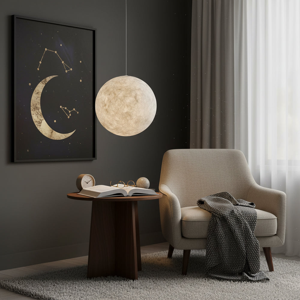 White Moon Pendant Light with FRP Fiber Shade and E26/E27 Socket