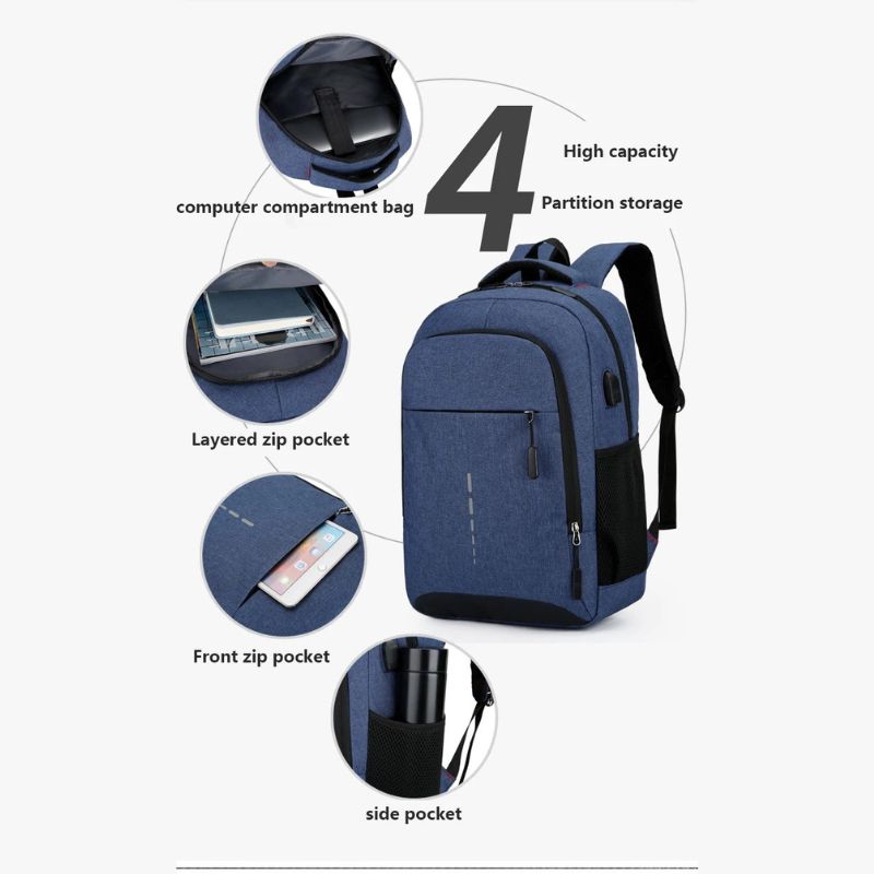 Waterproof Laptop Backpack with USB Charging Port Lightweight Men's Travel Backpack with Padded Laptop Compartment and Side Bottle Pockets