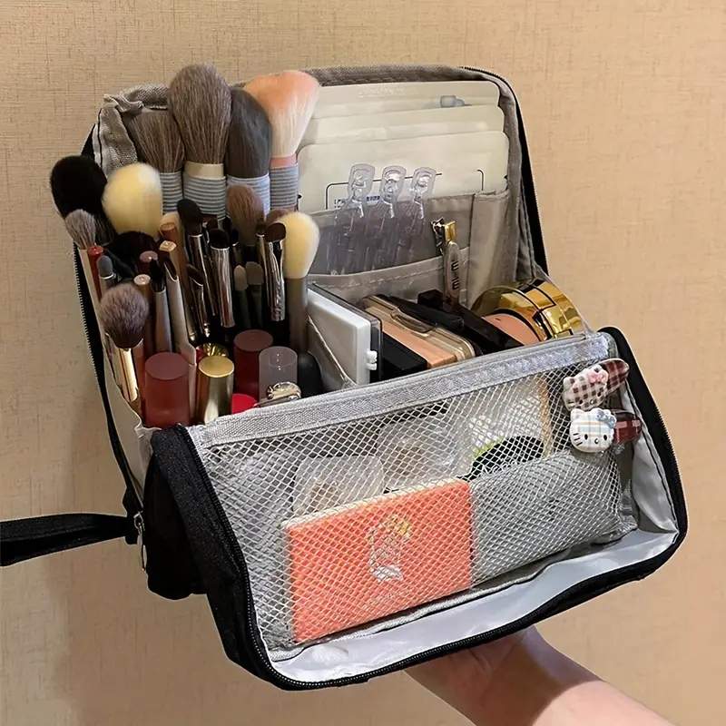 Structured Travel Makeup Bag Organizer with Brush Holder and Compartments