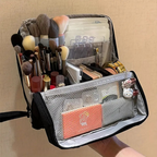 Structured Travel Makeup Bag Organizer with Brush Holder and Compartments