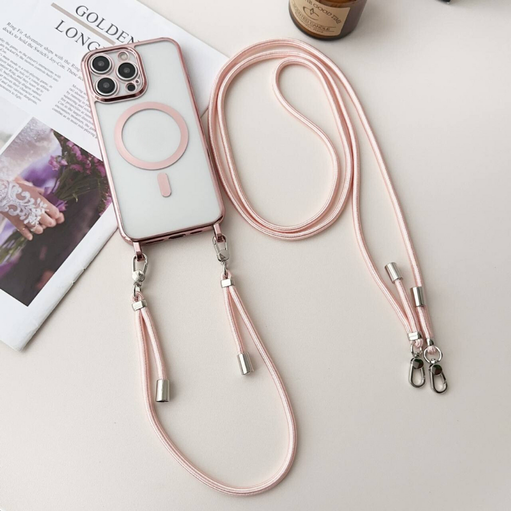 iPhone Crossbody Phone Case with Adjustable Lanyard Strap Compatible with MagSafe Clear Electroplated Cover