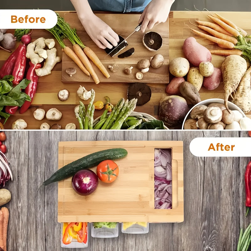 Bamboo Cutting Board with Storage Trays and Interchangeable Graters Multifunctional Kitchen Prep Station with Juice Groove