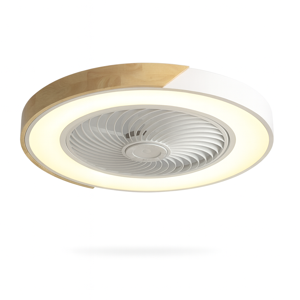 Modern Flush Mount Ceiling Fan Light with Wood Trim and Remote Control