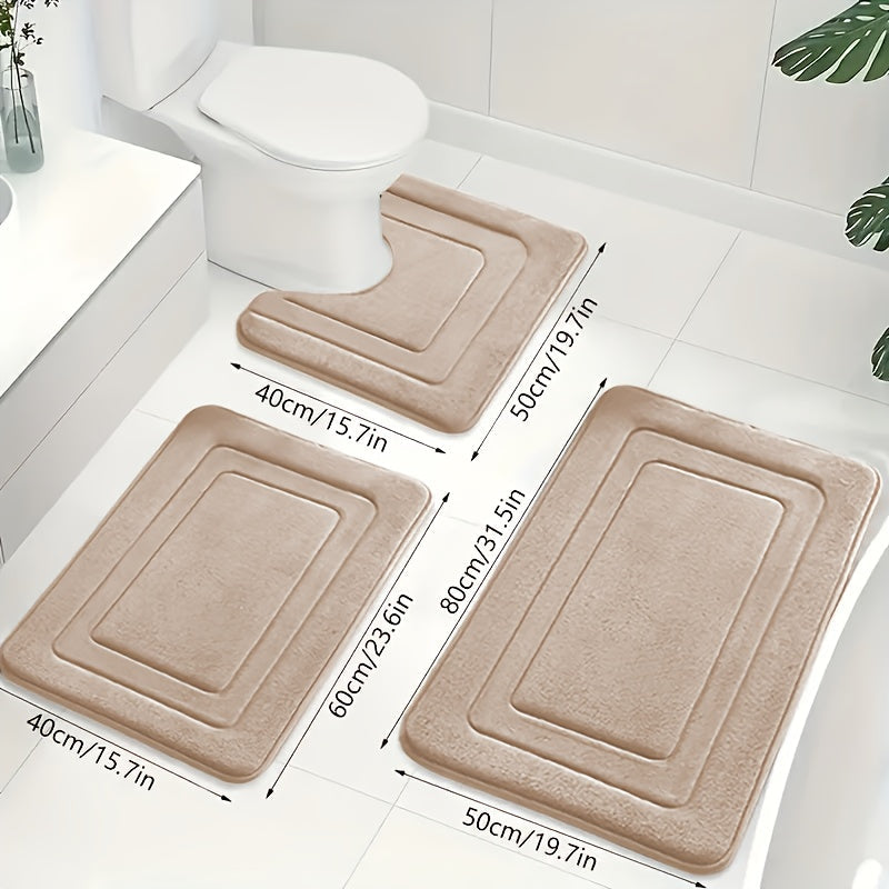 Memory Foam Bath Mat Set Absorbent Non-Slip Bathroom Rugs with U-Shaped Toilet Mat Machine Washable Three Piece Set