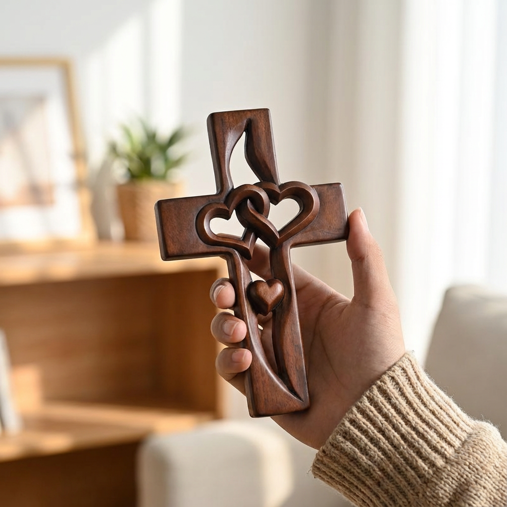 Wooden Intertwined Hearts Cross Wall Decor with Carved Detailing