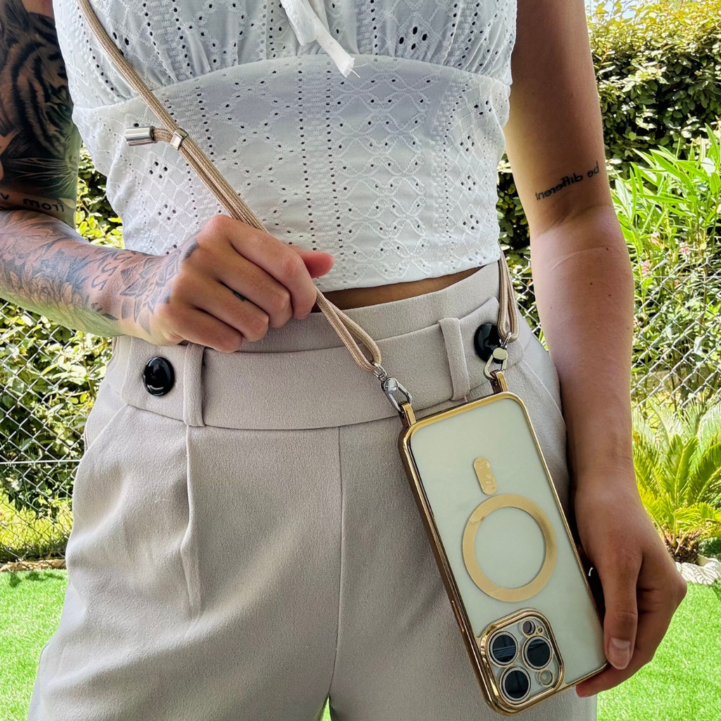 iPhone Crossbody Phone Case with Adjustable Lanyard Strap Compatible with MagSafe Clear Electroplated Cover