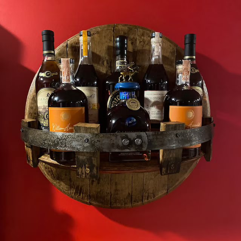Whiskey Barrel Wall Shelf Rustic Solid Wood Round Bourbon Barrel Head Wall Mounted Display Shelf for Bottles and Glasses