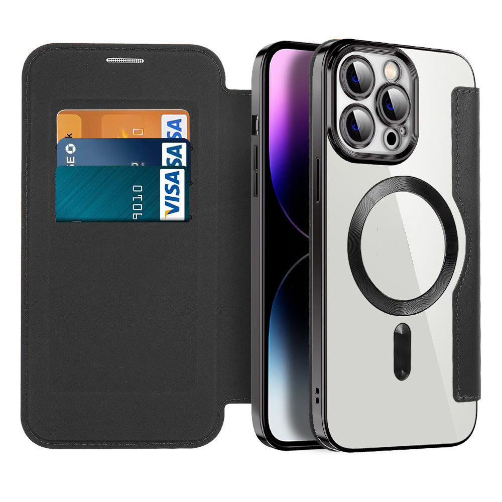 Magnetic Flip Wallet Case for iPhone Faux Leather Phone Case with Card Holder RFID Blocking Clear Shockproof Back and Stand Function