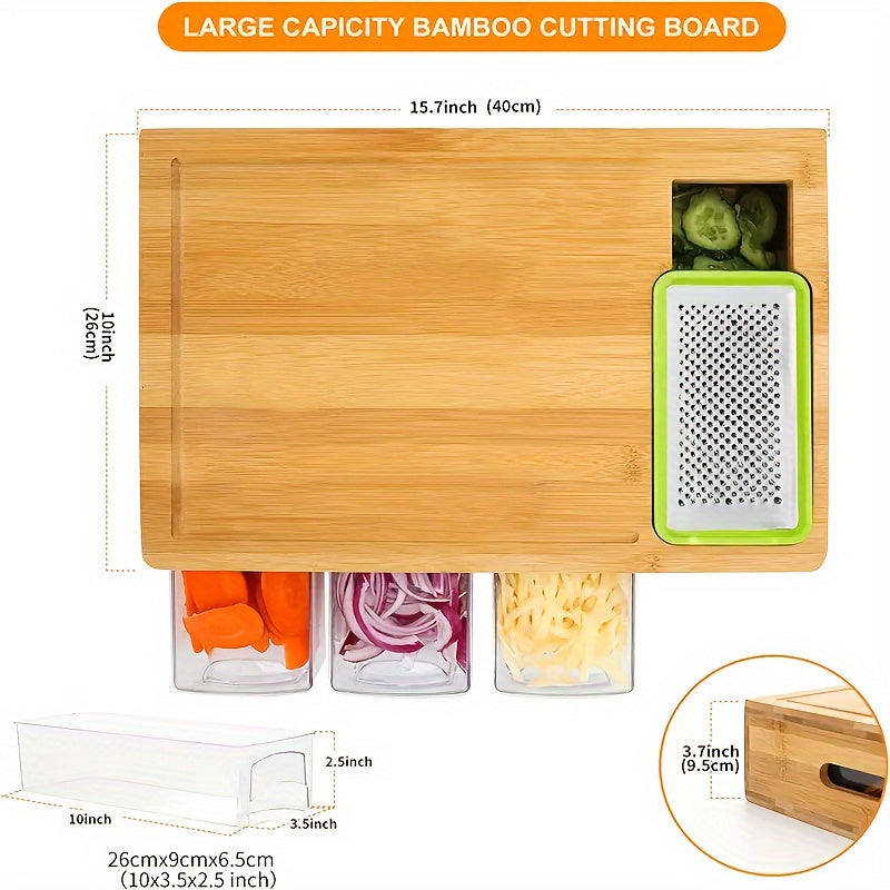 Bamboo Cutting Board with Storage Trays and Interchangeable Graters Multifunctional Kitchen Prep Station with Juice Groove