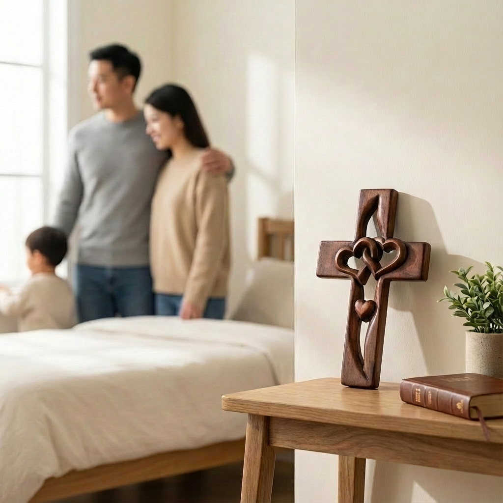 Wooden Intertwined Hearts Cross Wall Decor with Carved Detailing