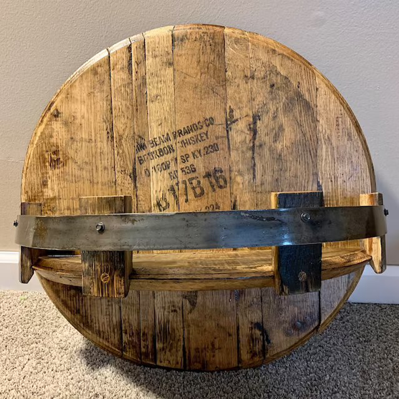 Whiskey Barrel Wall Shelf Rustic Solid Wood Round Bourbon Barrel Head Wall Mounted Display Shelf for Bottles and Glasses