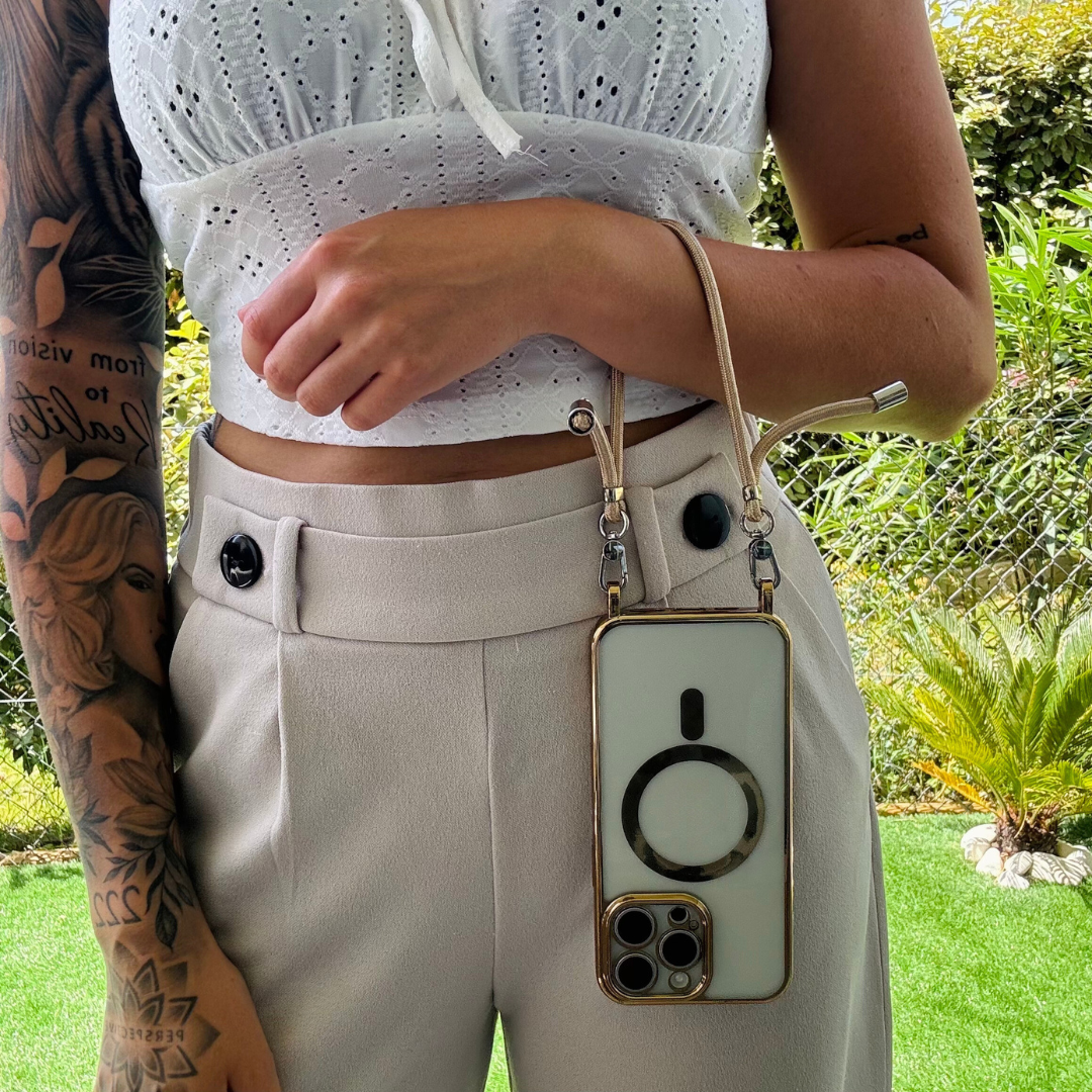 iPhone Crossbody Phone Case with Adjustable Lanyard Strap Compatible with MagSafe Clear Electroplated Cover