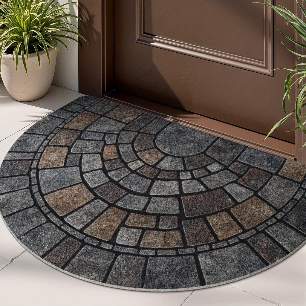 Half Circle Mosaic Door Mat Non-Slip Semicircle Welcome Mat Stone Pattern Indoor Outdoor Entryway Rug
