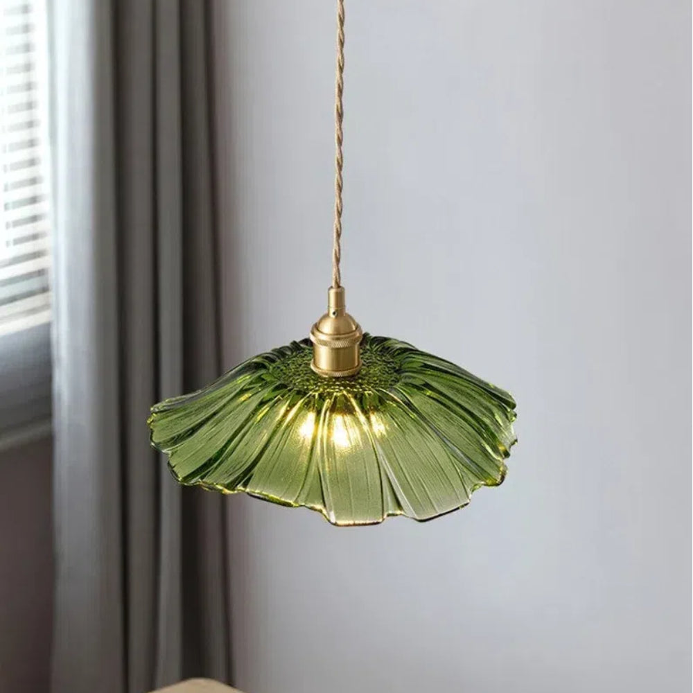Retro Glass Flower Pendant Light with Brass Finish