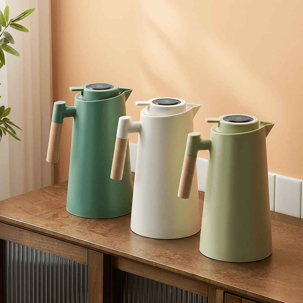 Thermal Coffee Carafe with Temperature Display Lid Double Wall Stainless Steel Insulated Jug with Wooden Handle Leakproof Thermos Pitcher