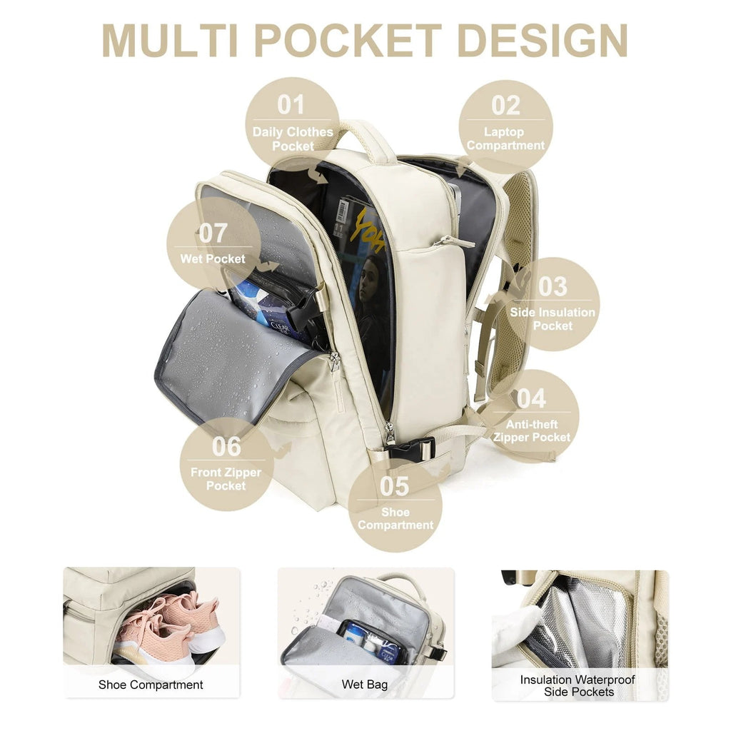 Large Travel Backpack for Women Waterproof Carry On Hiking Backpack with USB Charging Port Shoe Compartment and Wet Dry Pocket