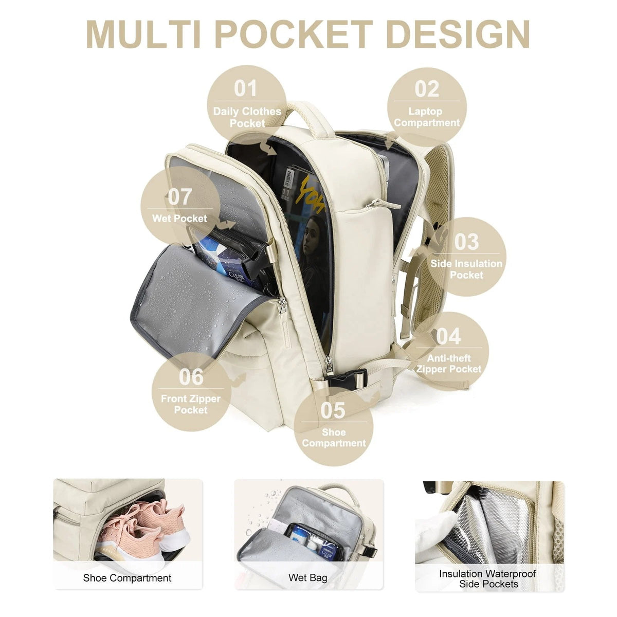 Large Travel Backpack for Women Waterproof Carry On Hiking Backpack with USB Charging Port Shoe Compartment and Wet Dry Pocket